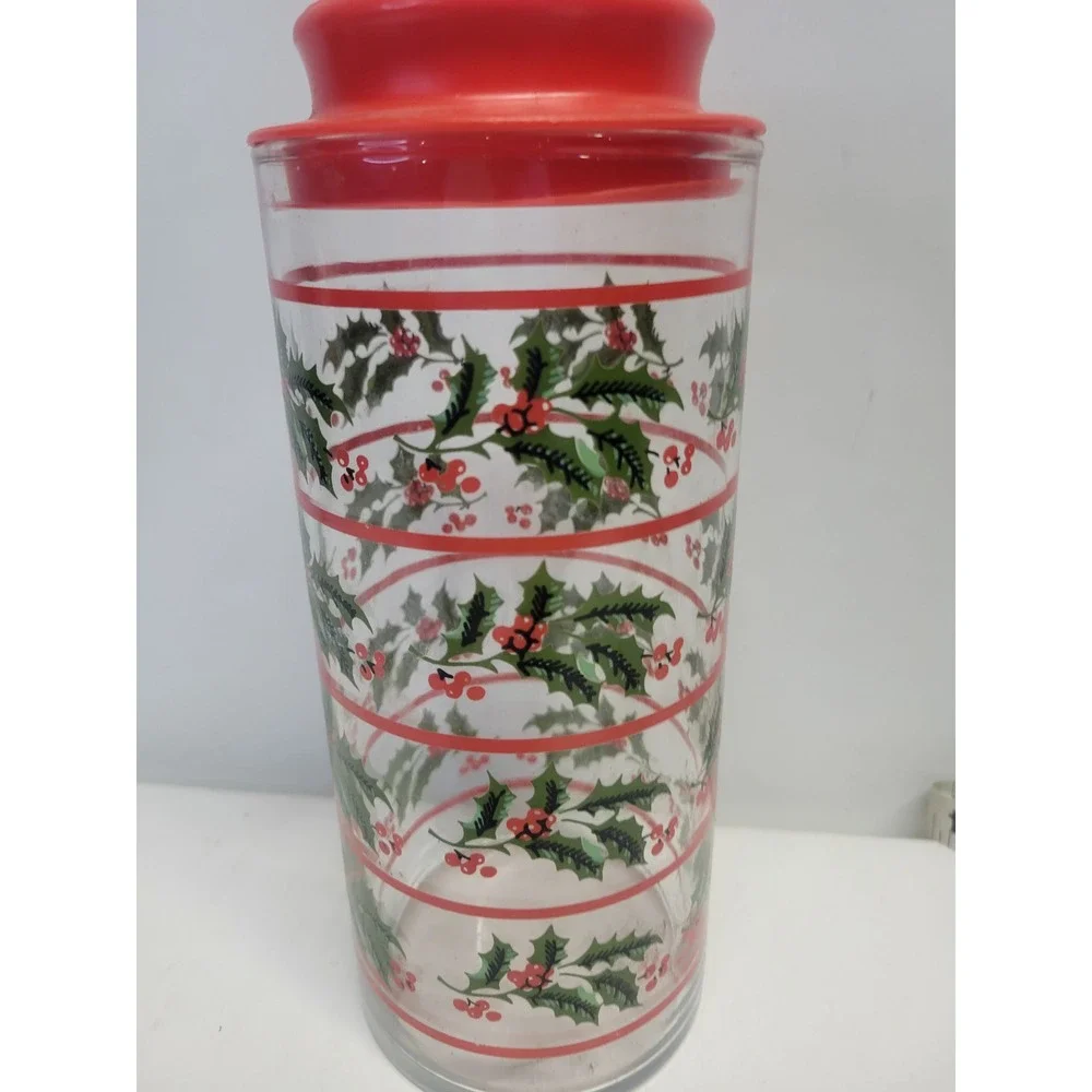 Vintage Christmas Holly‎ Canister Jar Red Lid Glass Container Holiday Decor 8.5
